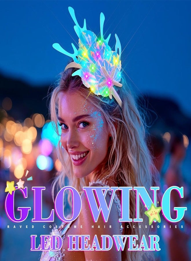 ايفينت طوق رأس حورية البحر المضيء من إيرنت، غطاء رأس على شكل نجم البحر الأزرق، إكسسوارات شعر متوهجة على شكل صدفة بحرية، زي تنكري مستوحى من المحيط للنساء - Image 5